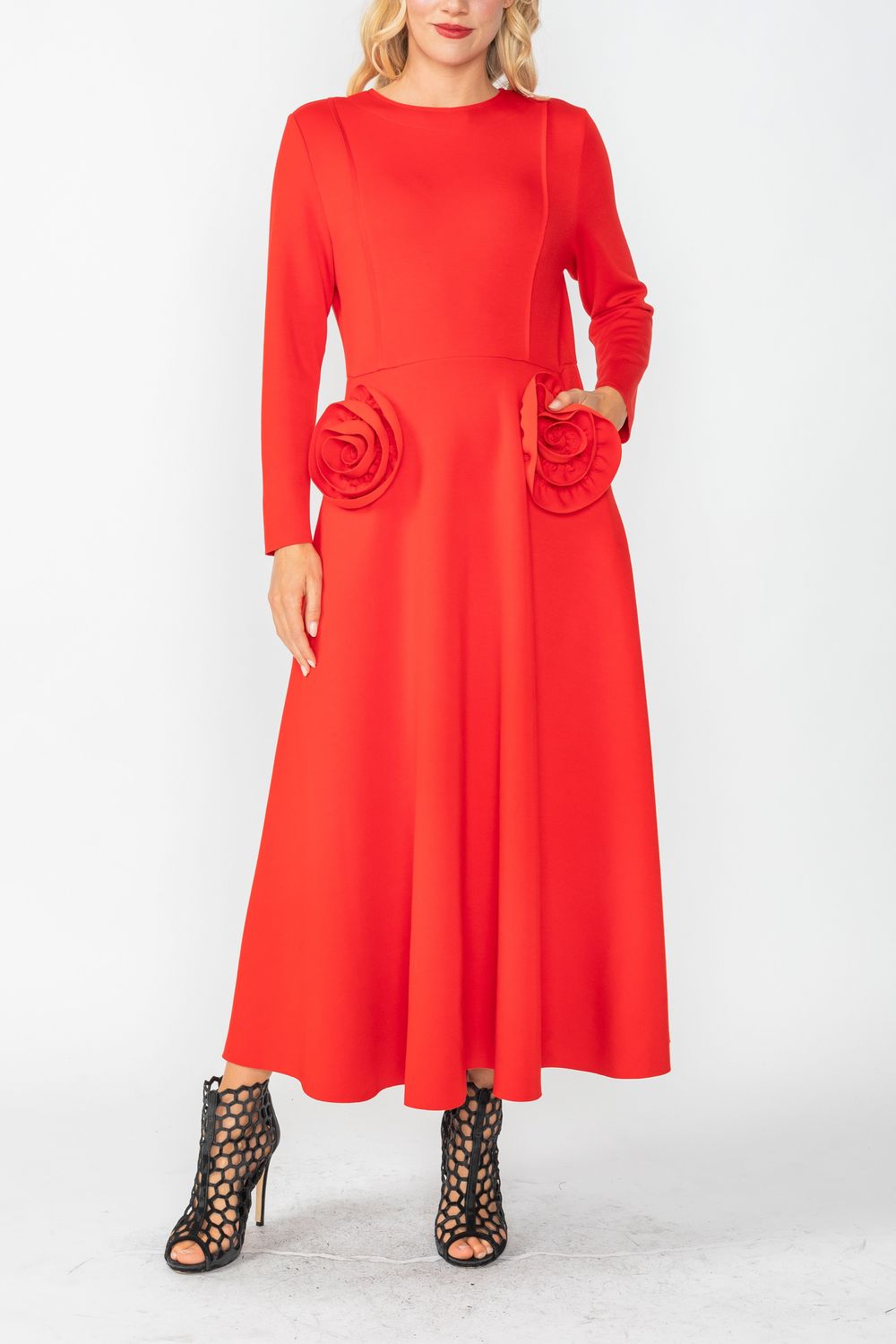Red Fit and Flare Dress with Flower Red / X-Small Red Fit and Flare Dress with Flower Red / X-Small