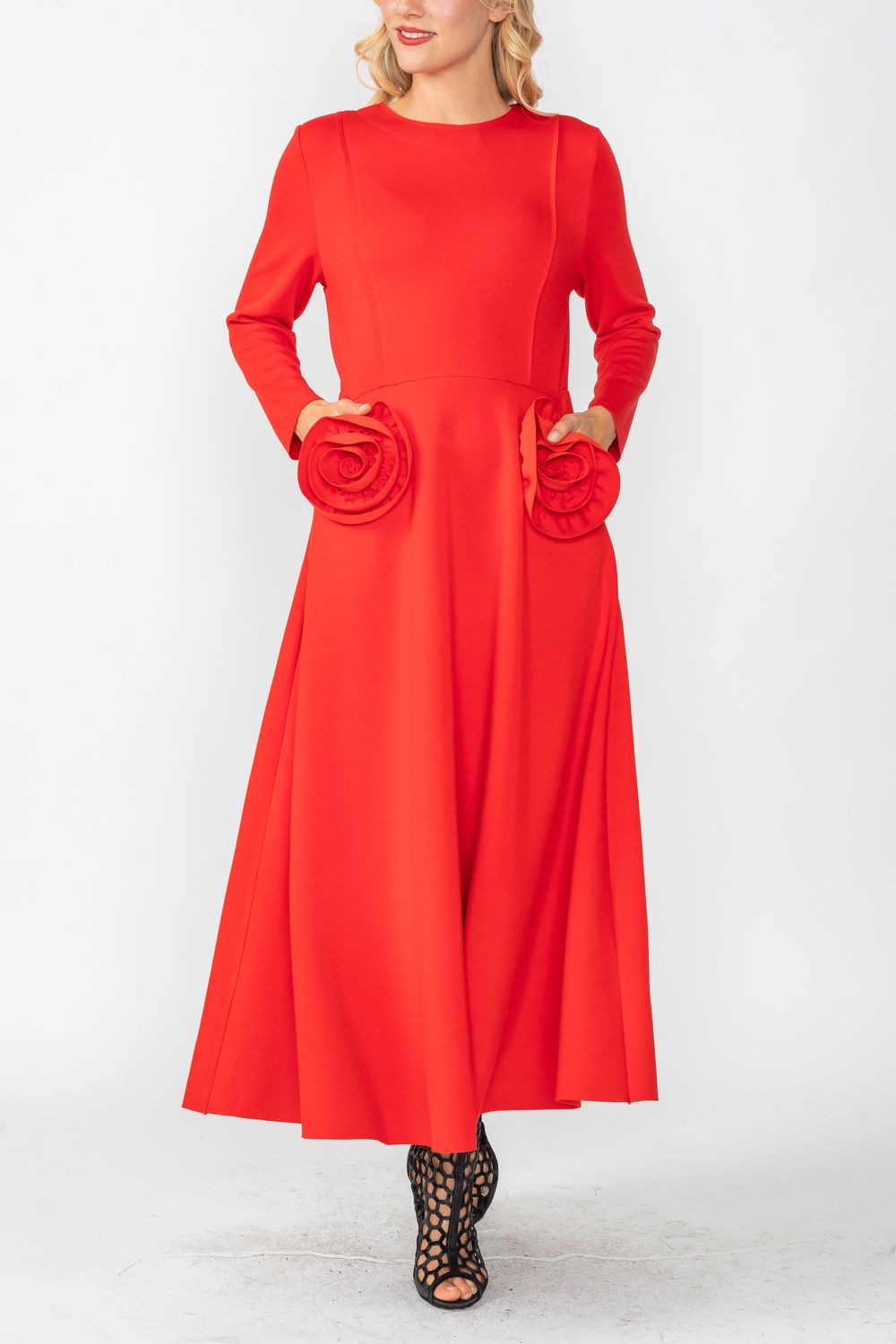 Red Fit and Flare Dress With Flower Red / X-Small Red Fit and Flare Dress With Flower Red / X-Small
