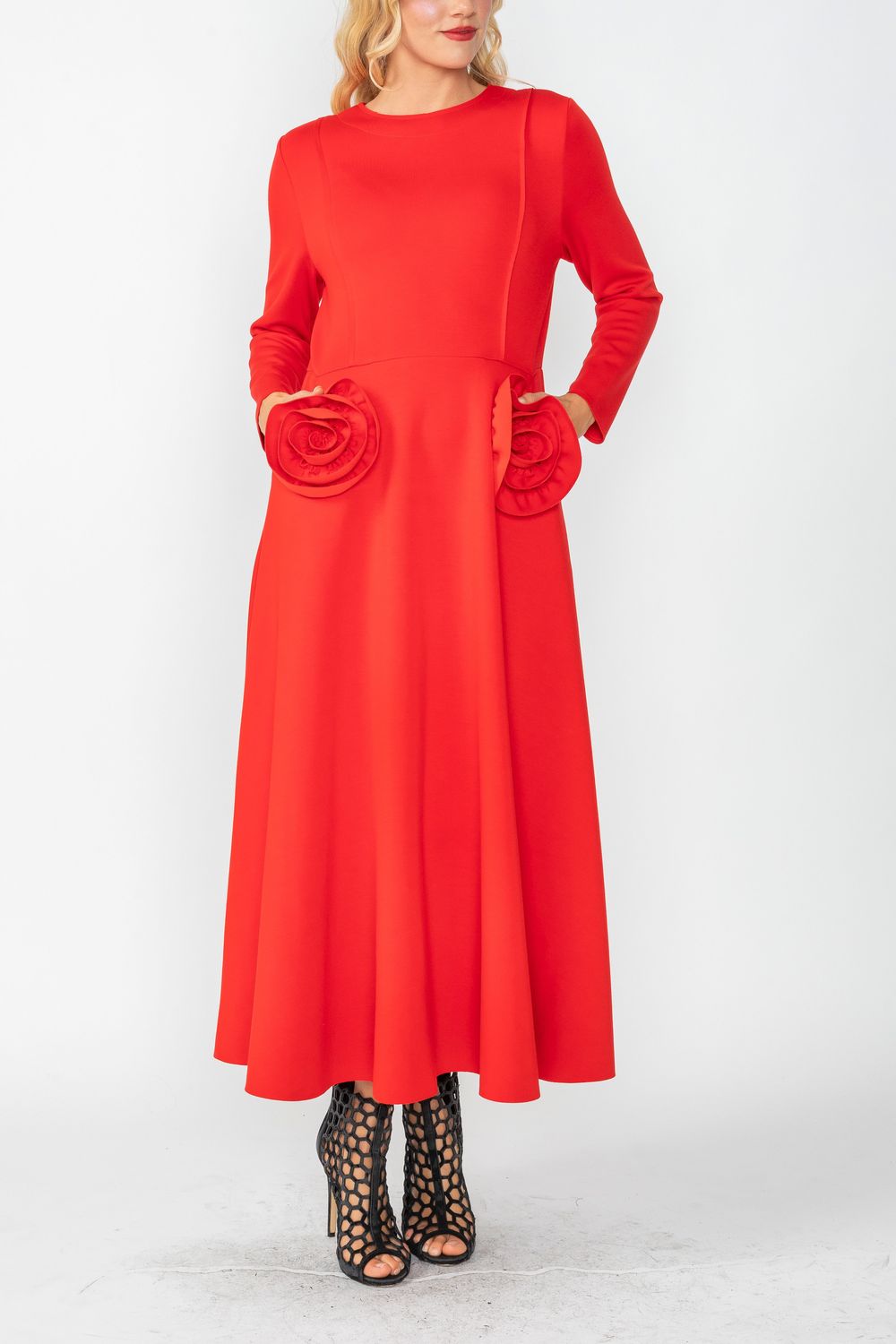 IC Collection Knit Floral Patch Appliques Round Neck Long Sleeve Fit Flare Midi Dress, Womens, XS, Red
