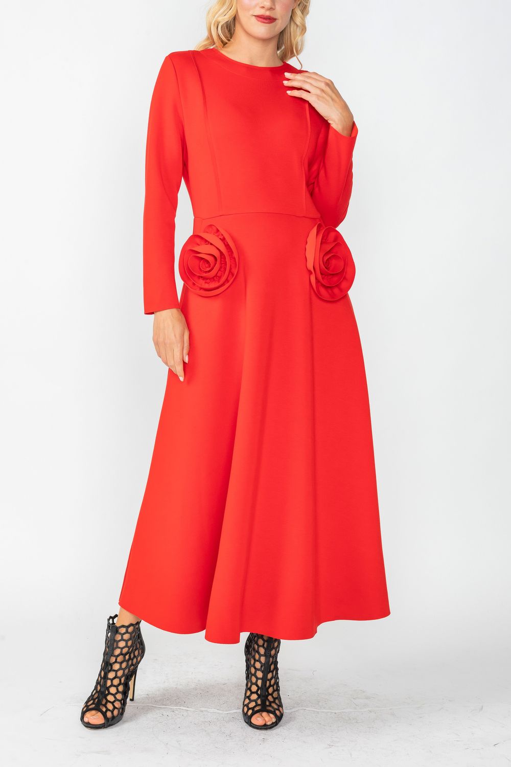 Red Fit and Flare Dress With Flower Red / X-Small Red Fit and Flare Dress With Flower Red / X-Small
