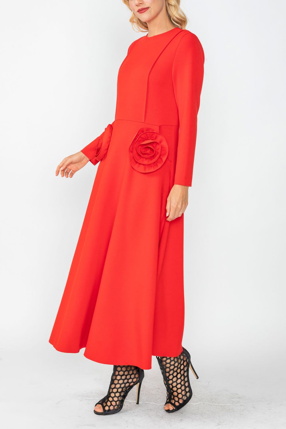Red Fit and Flare Dress with Flower Red / X-Small Red Fit and Flare Dress with Flower Red / X-Small