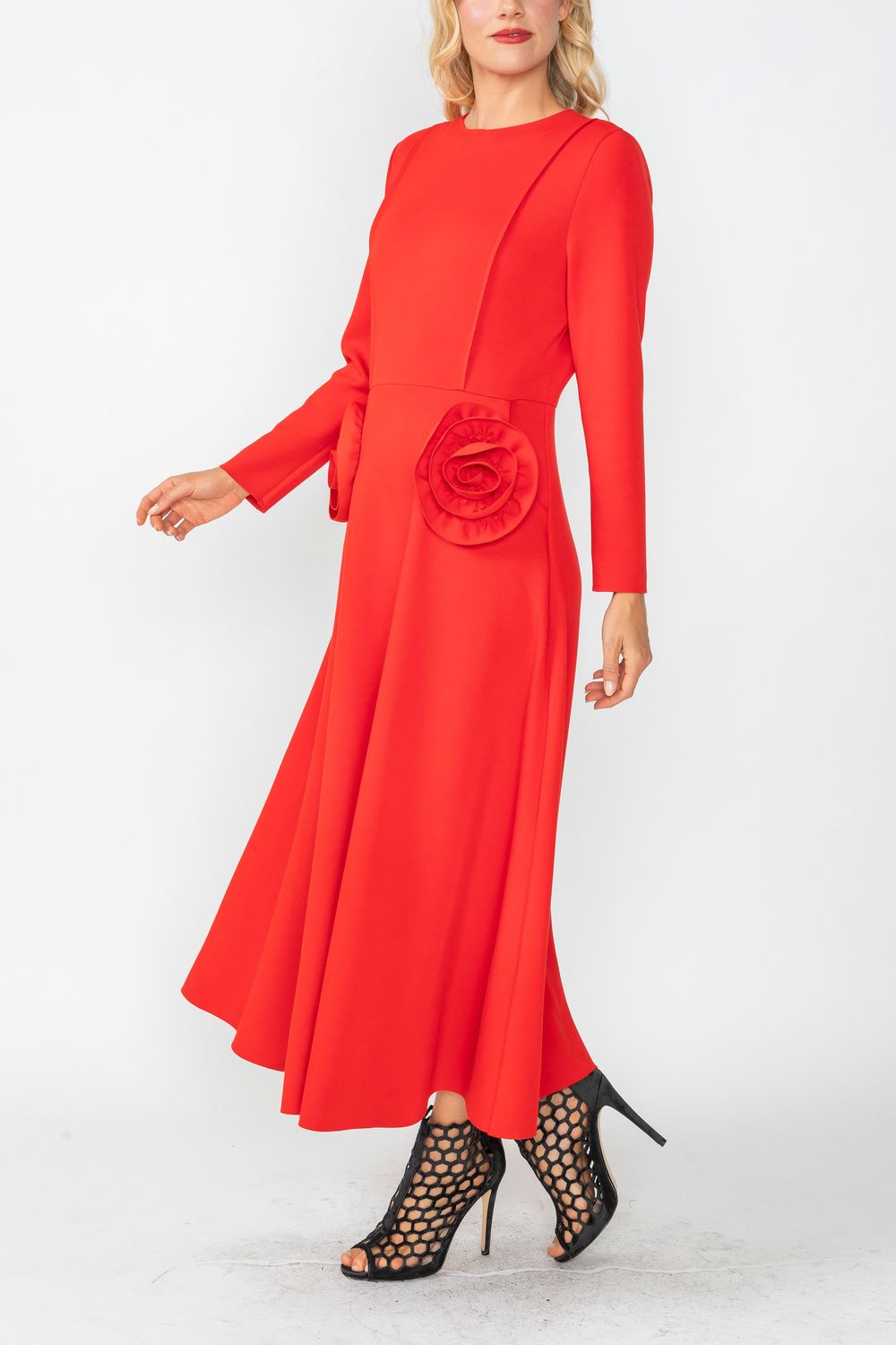 fit and flare red dress Red Fit and Flare Dress With Flower Red / X-Small