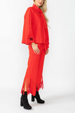 Red Laser Cut Scarf Neck Tie Jacket