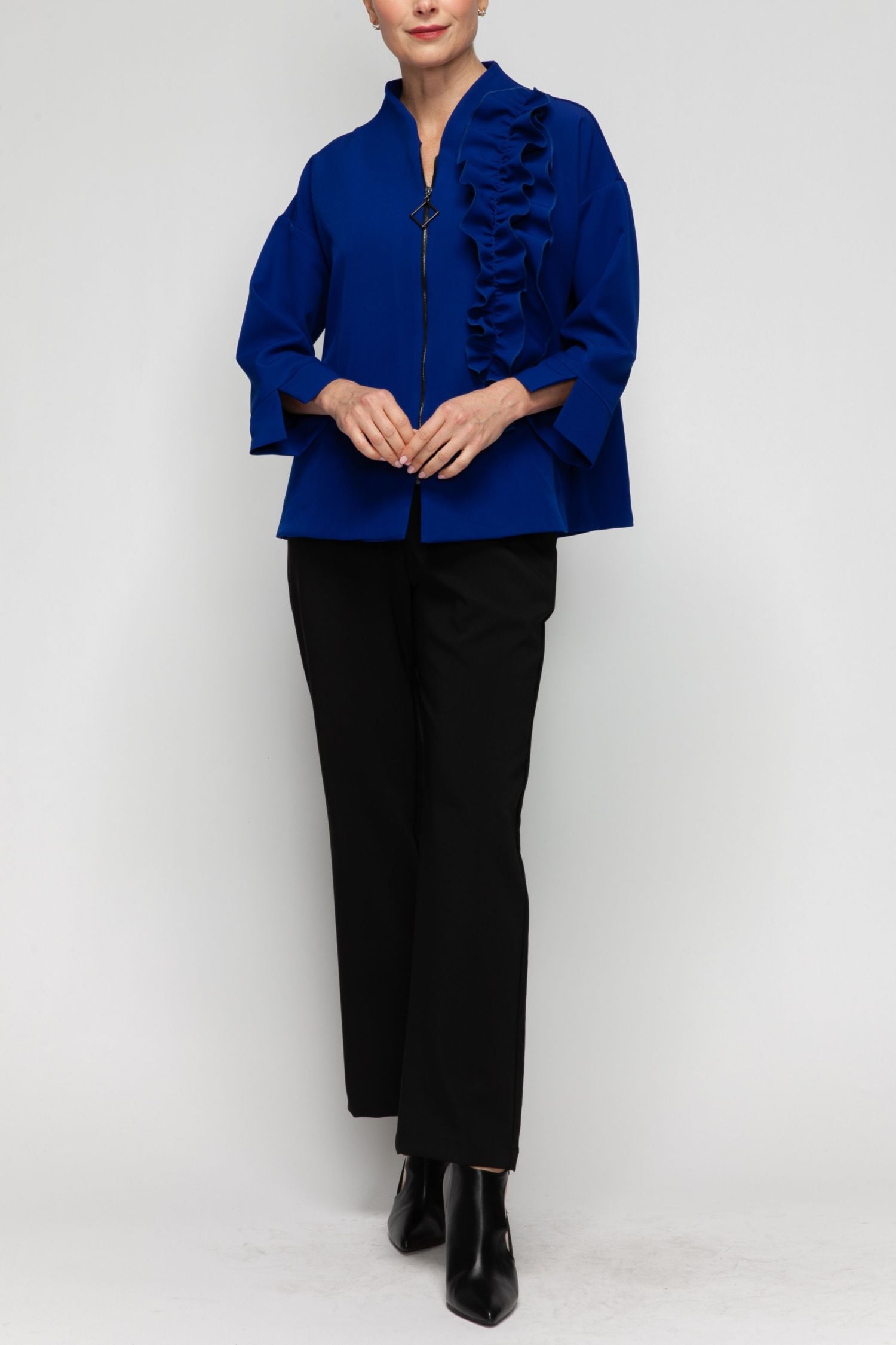 Ana Ruffle Jacket Royal Ruffle Trim Jacket With Zipper – IC Collection