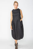 Black Boat Neck With Stand Collar Balloon Dress