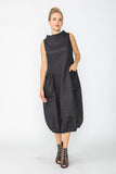 Black Boat Neck With Stand Collar Balloon Dress