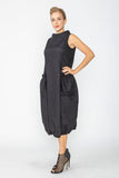 Black Boat Neck With Stand Collar Balloon Dress