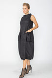 Black Boat Neck With Stand Collar Balloon Dress