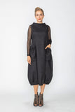 Black Boat Neck With Stand Collar Balloon Dress