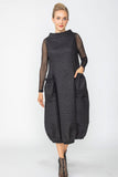 Black Boat Neck With Stand Collar Balloon Dress
