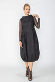 Black Boat Neck With Stand Collar Balloon Dress