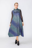 Blue and Teal Mock Neck Sleeveless Swing Dress