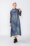 Blue and Teal Mock Neck Sleeveless Swing Dress