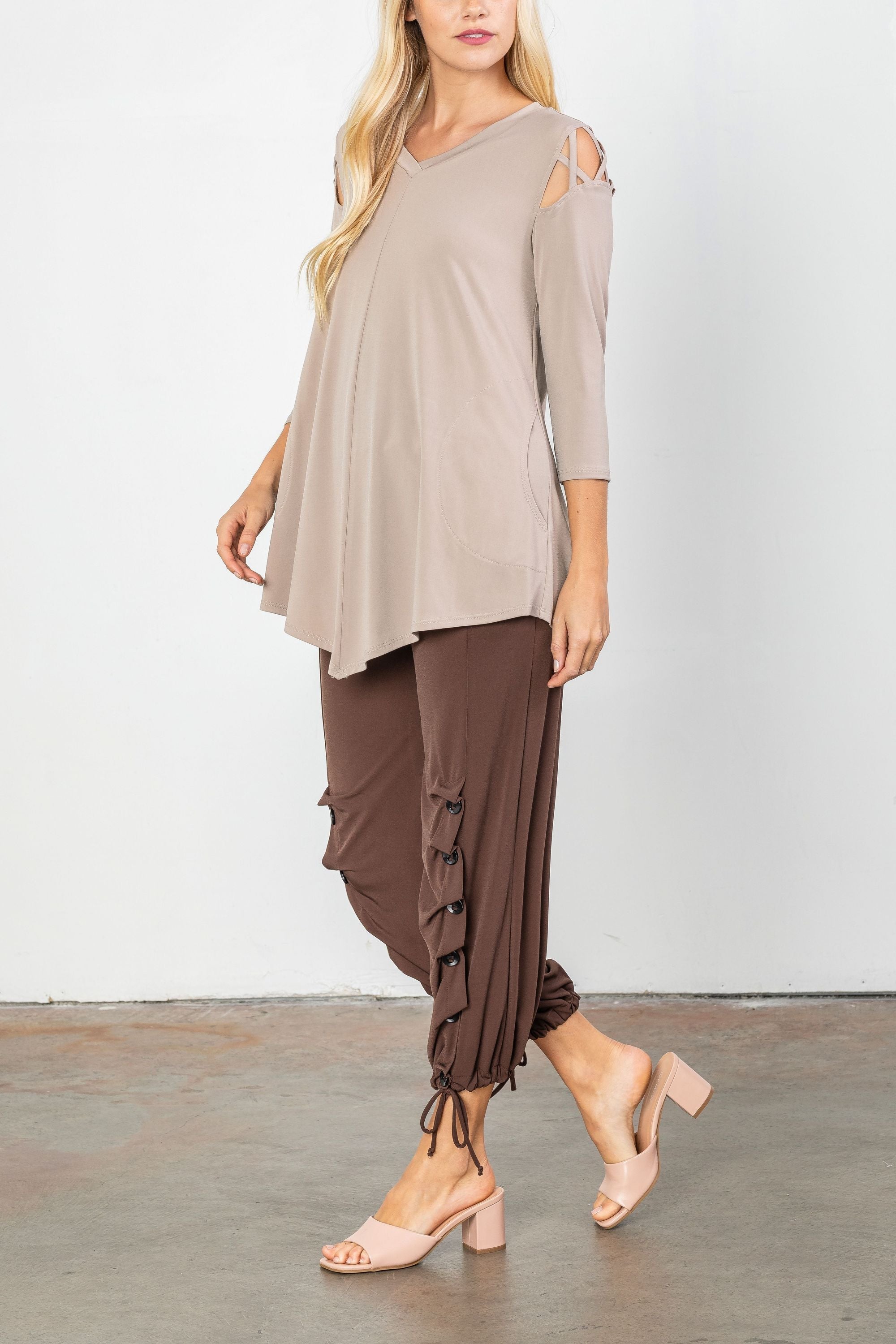 Taupe Cross-Cut Cold Shoulder Tunic