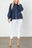 Navy Shirred Sleeve Zip-Up Blouson Jacket