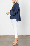 Navy Shirred Sleeve Zip-Up Blouson Jacket