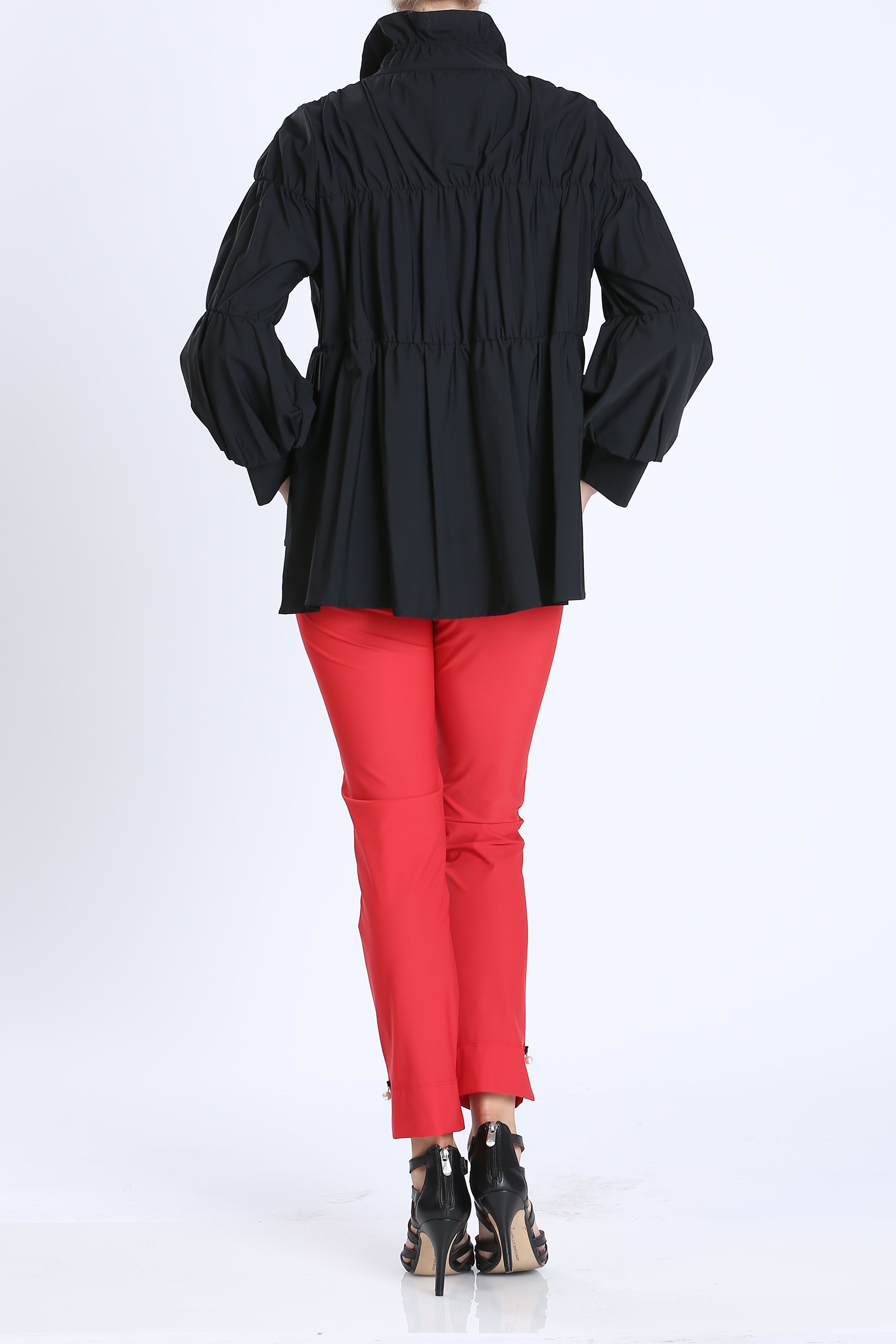Black Shirred Sleeve Zip-Up Blouson Jacket