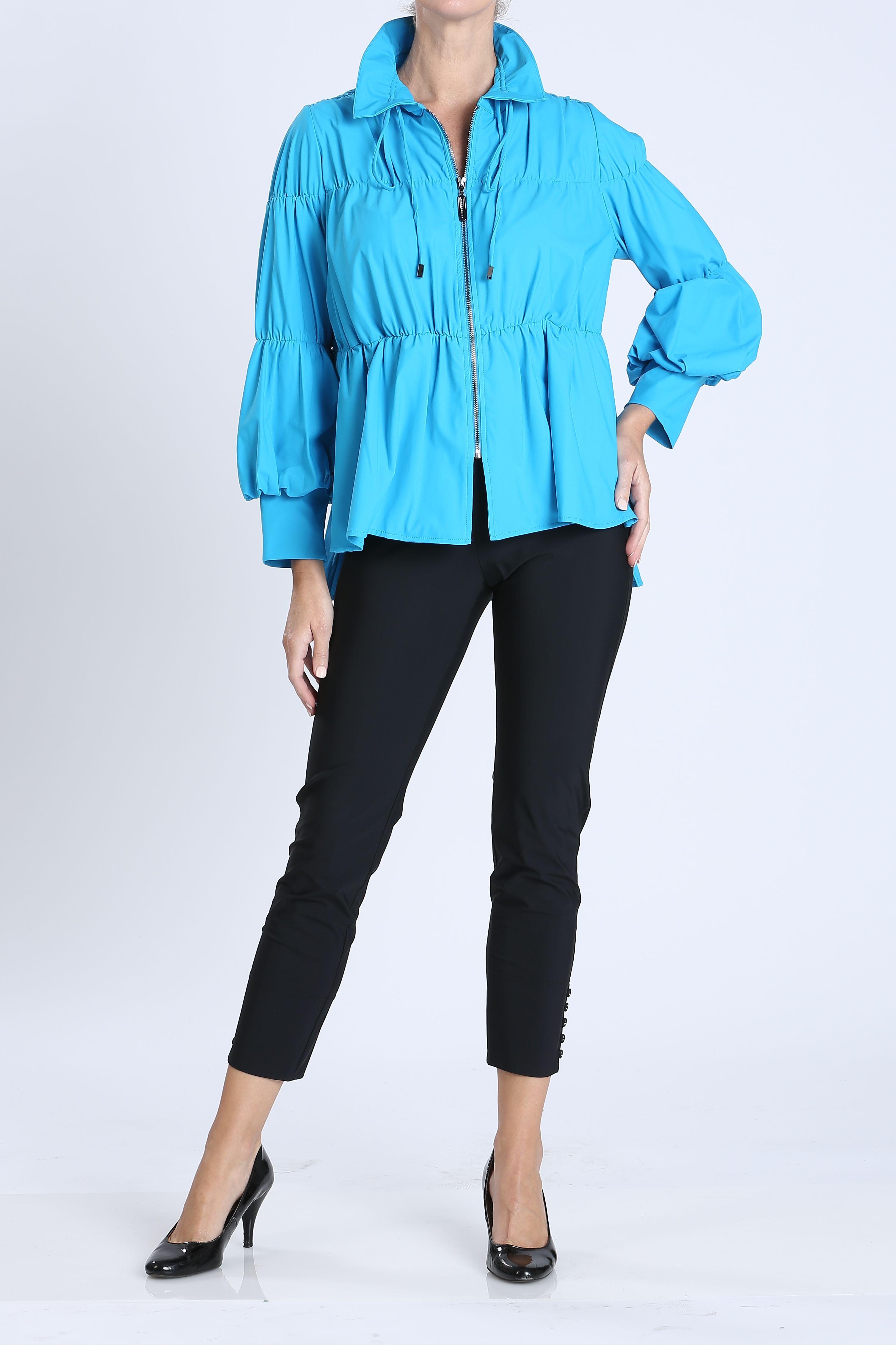 Turquoise Shirred Sleeve Zip-Up Blouson Jacket