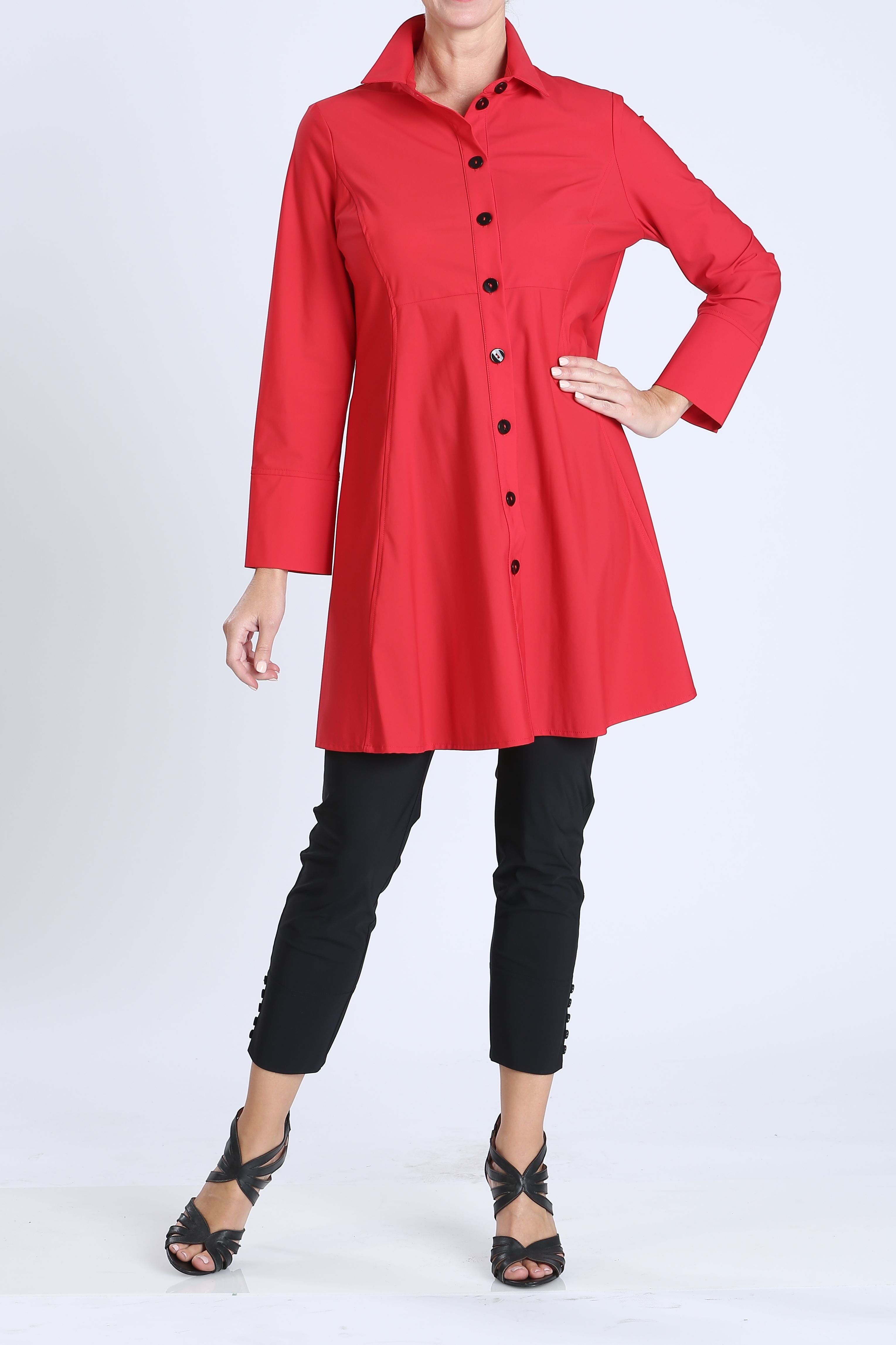 Red Button Front Long Sleeve Flare Jacket