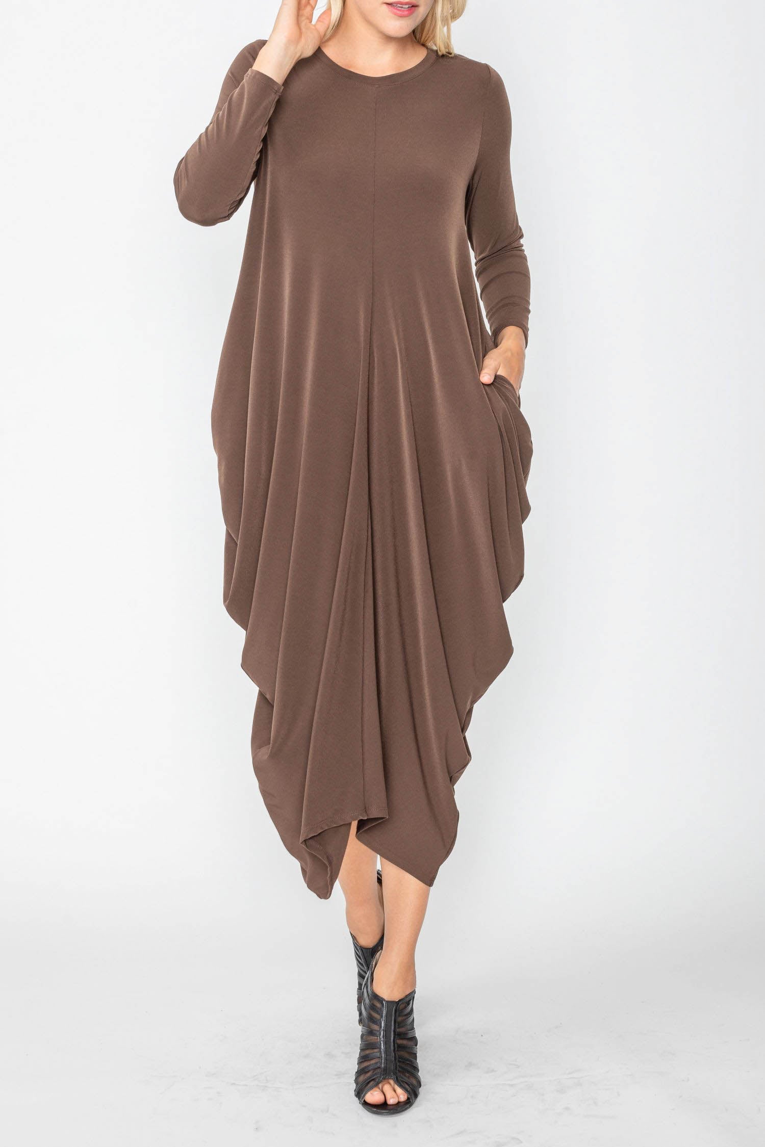 Brown Draped Side Long Sleeve Dress IC Collection Brown Draped Side Long Sleeve Dress IC Collection