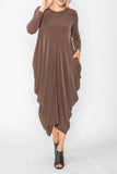 Brown Draped Side Long Sleeve Dress