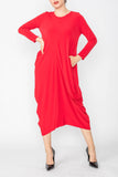 Red Draped Side Long Sleeve Dress