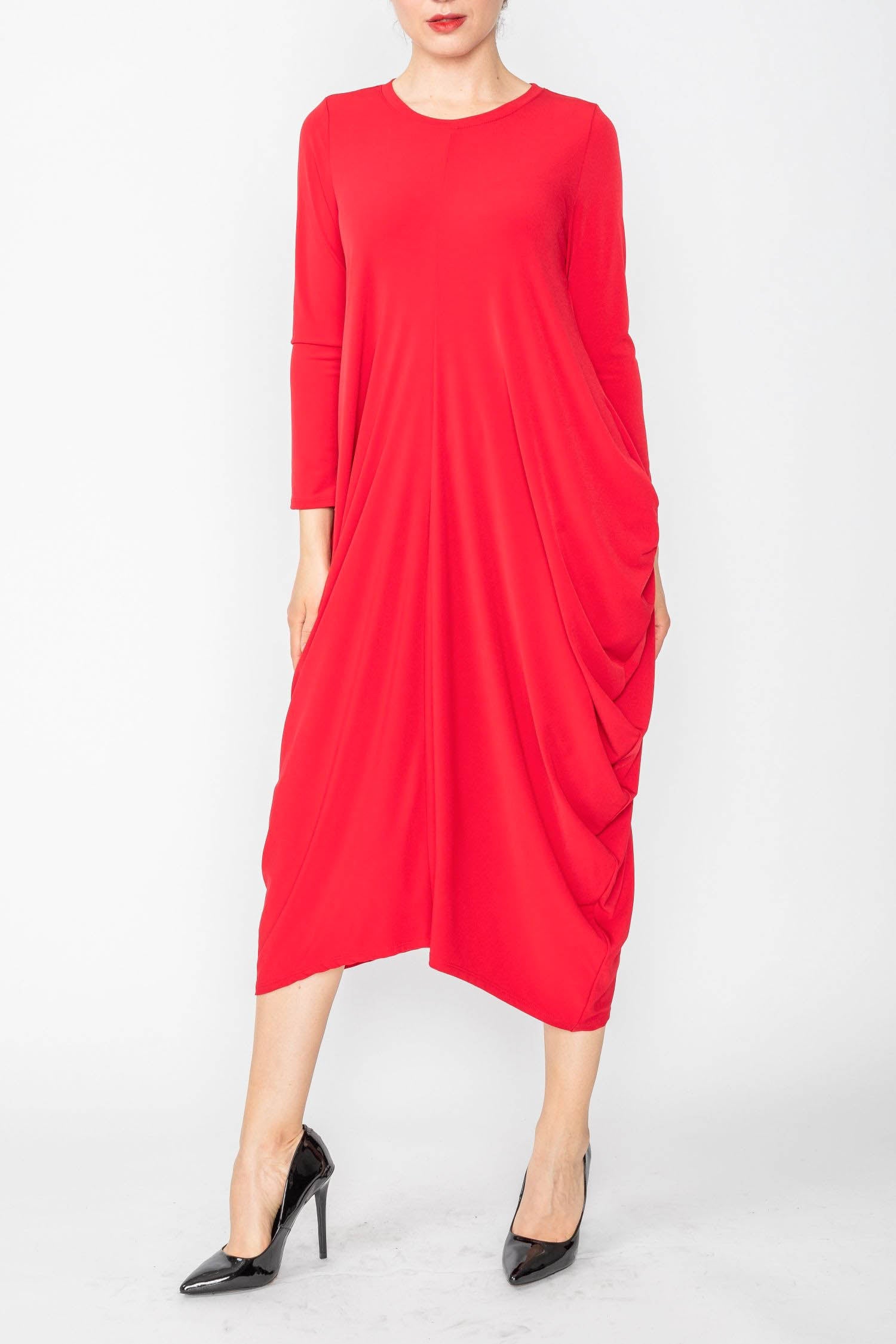 Red Draped Side Long Sleeve Dress