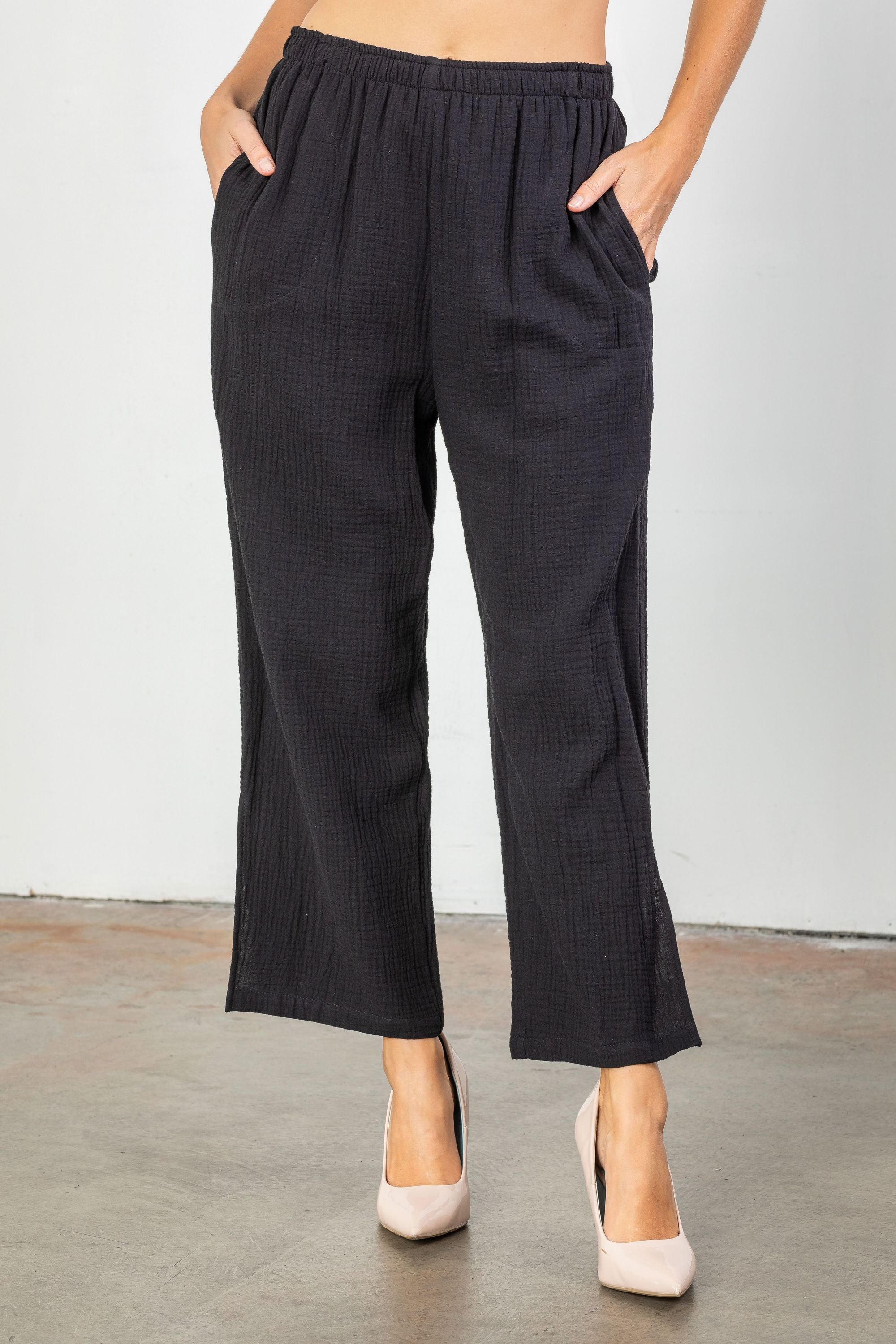 CUFFED HEM STRAIGHT LEG TROUSERS in black