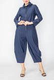 Navy Zip-Up Front Cropped Long Sleeve Jumpsuit