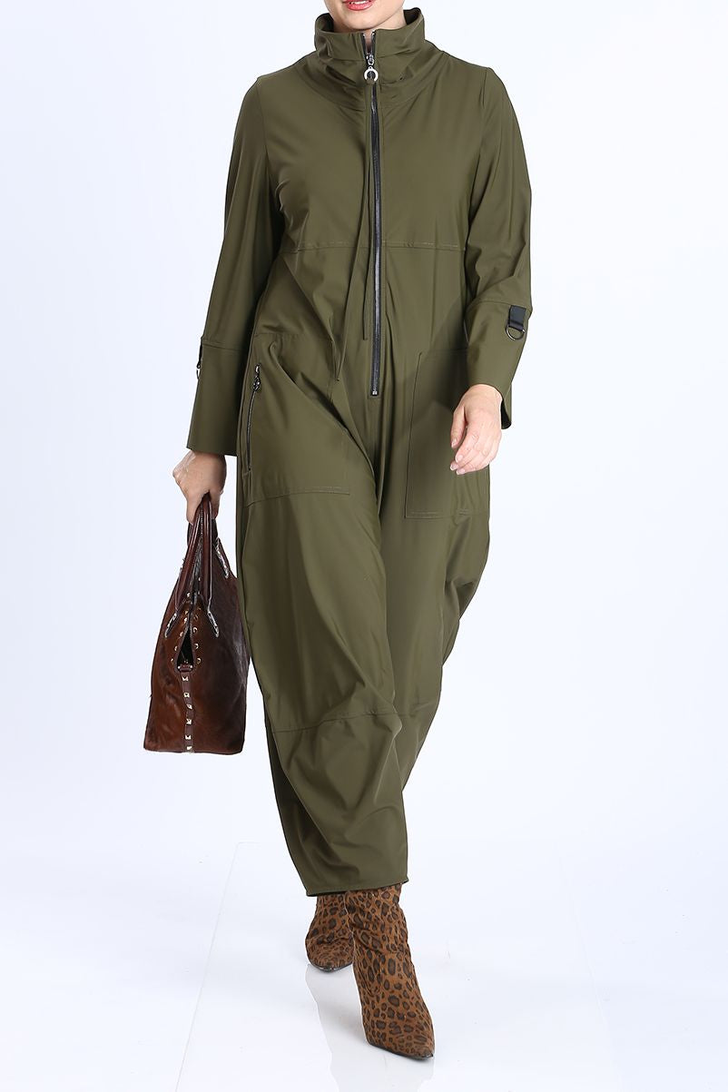 Olive Zip-Up Front Cropped Long Sleeve Jumpsuit