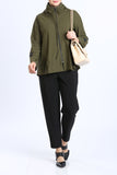Olive Green Pleats Stand Collar Jacket