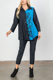 Aqua & Black Sumi Brush Stroke Color Block Blouse