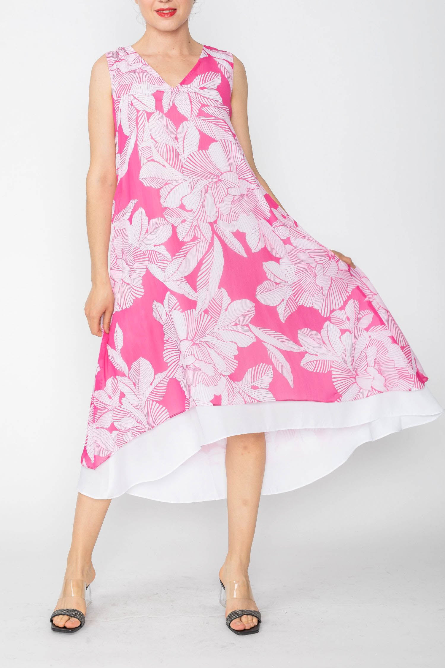 Fuchsia High & Low Layered V-Neck Dress