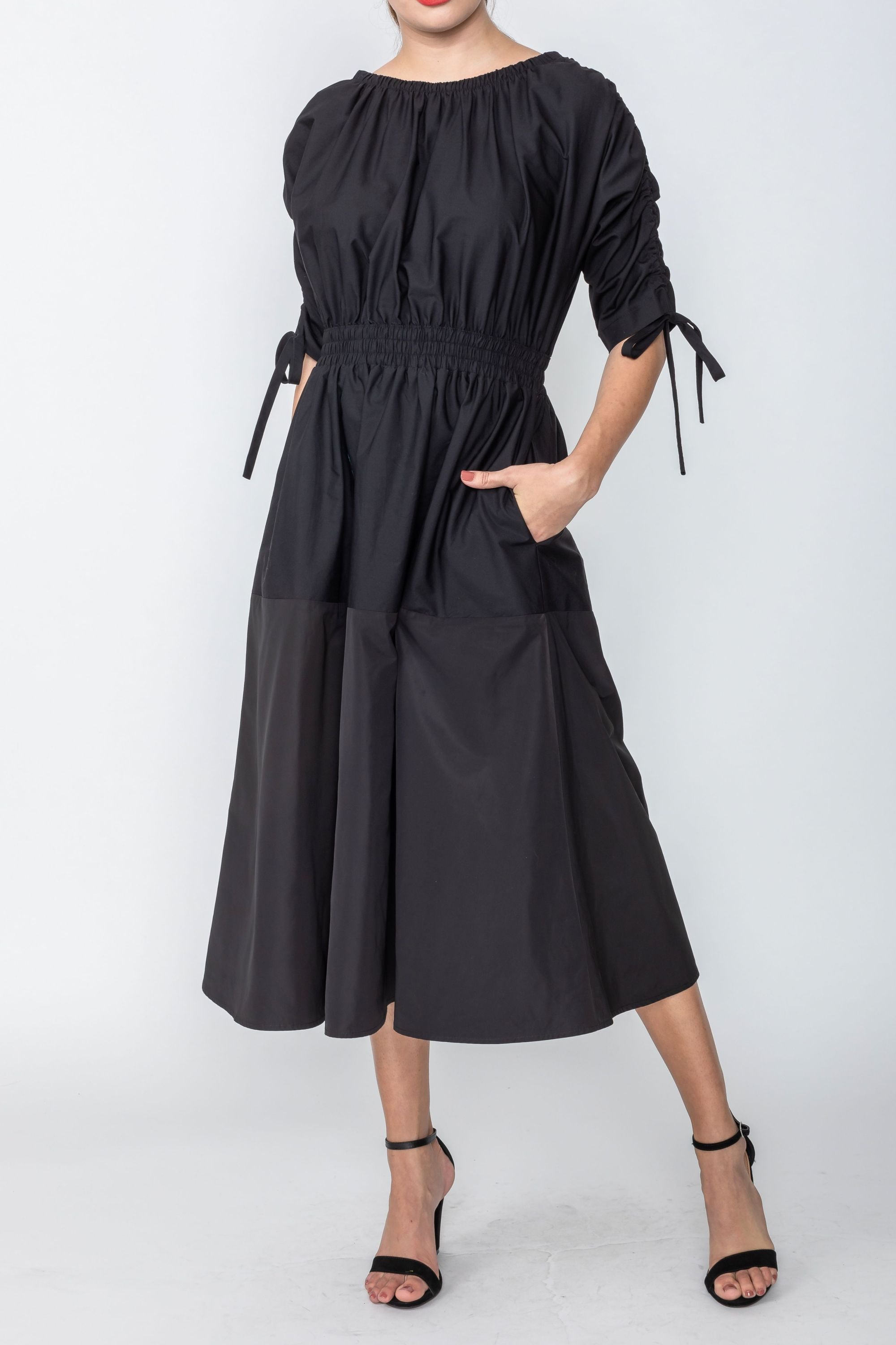 Black Bateau Neckline Sleeve Draw-Cord Dress
