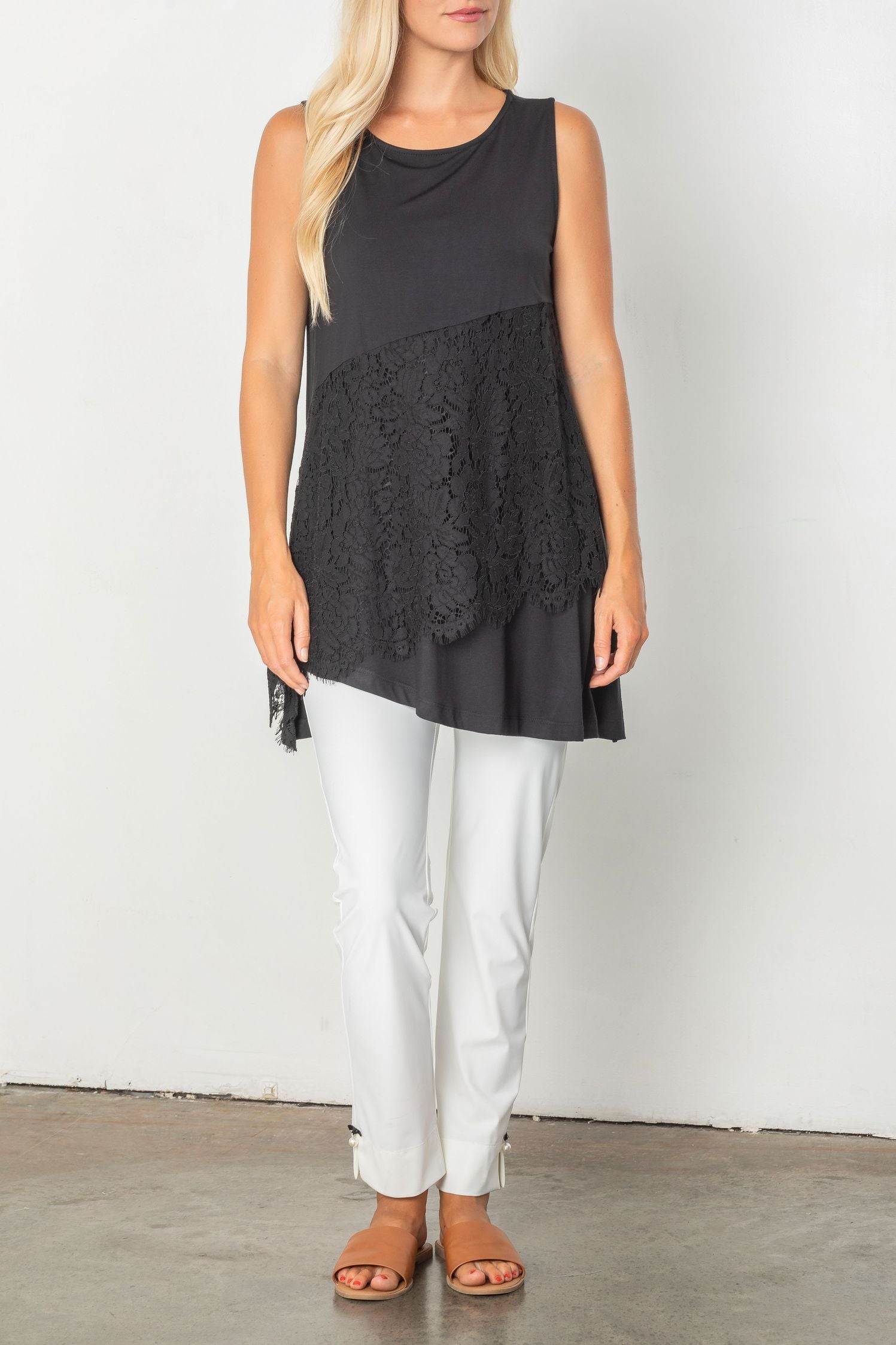 Black Lace Front Tunic Top