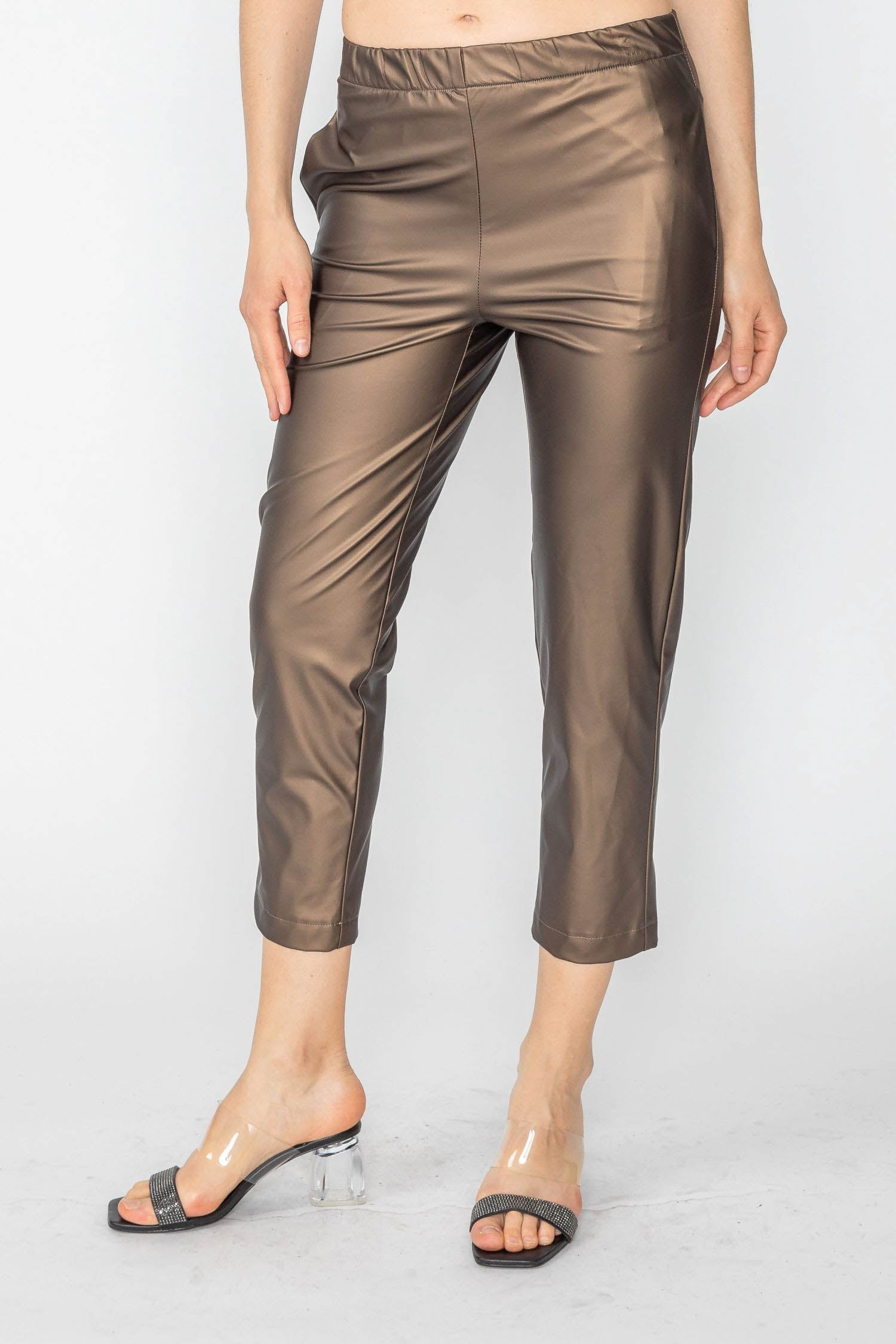 Brown Elastic Waist Slim-Fit Pants