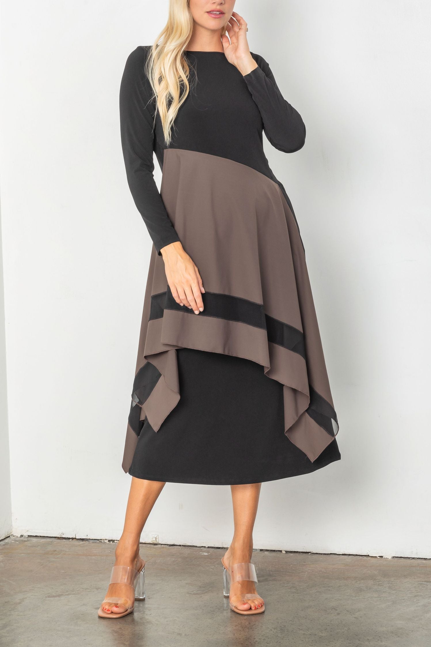 Boat Neck Asymmetrical Layer Mix Dress Brown / Medium