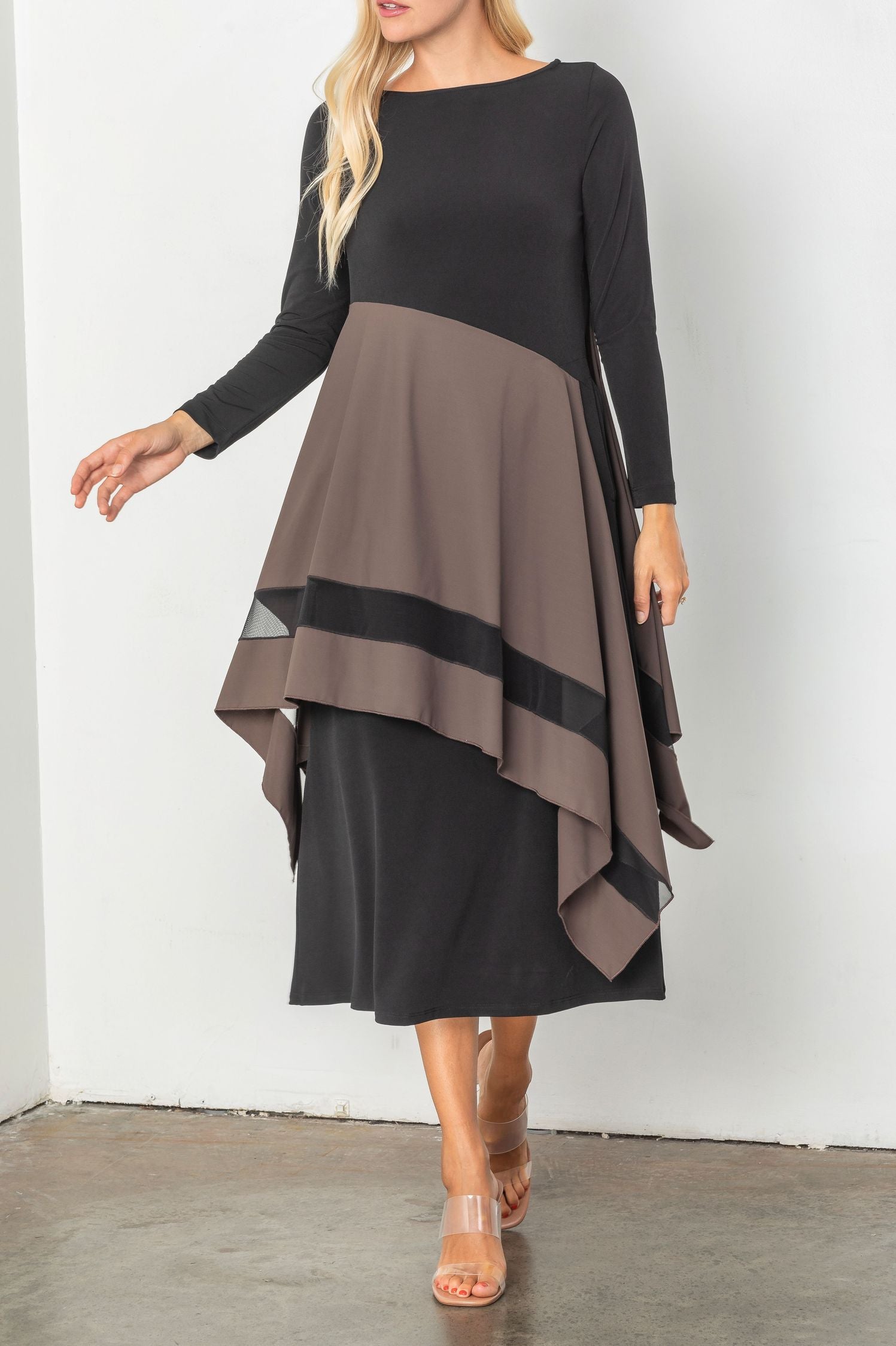 Boat Neck Asymmetrical Layer Mix Dress Brown / Medium Boat Neck Asymmetrical Layer Mix Dress Brown / Medium