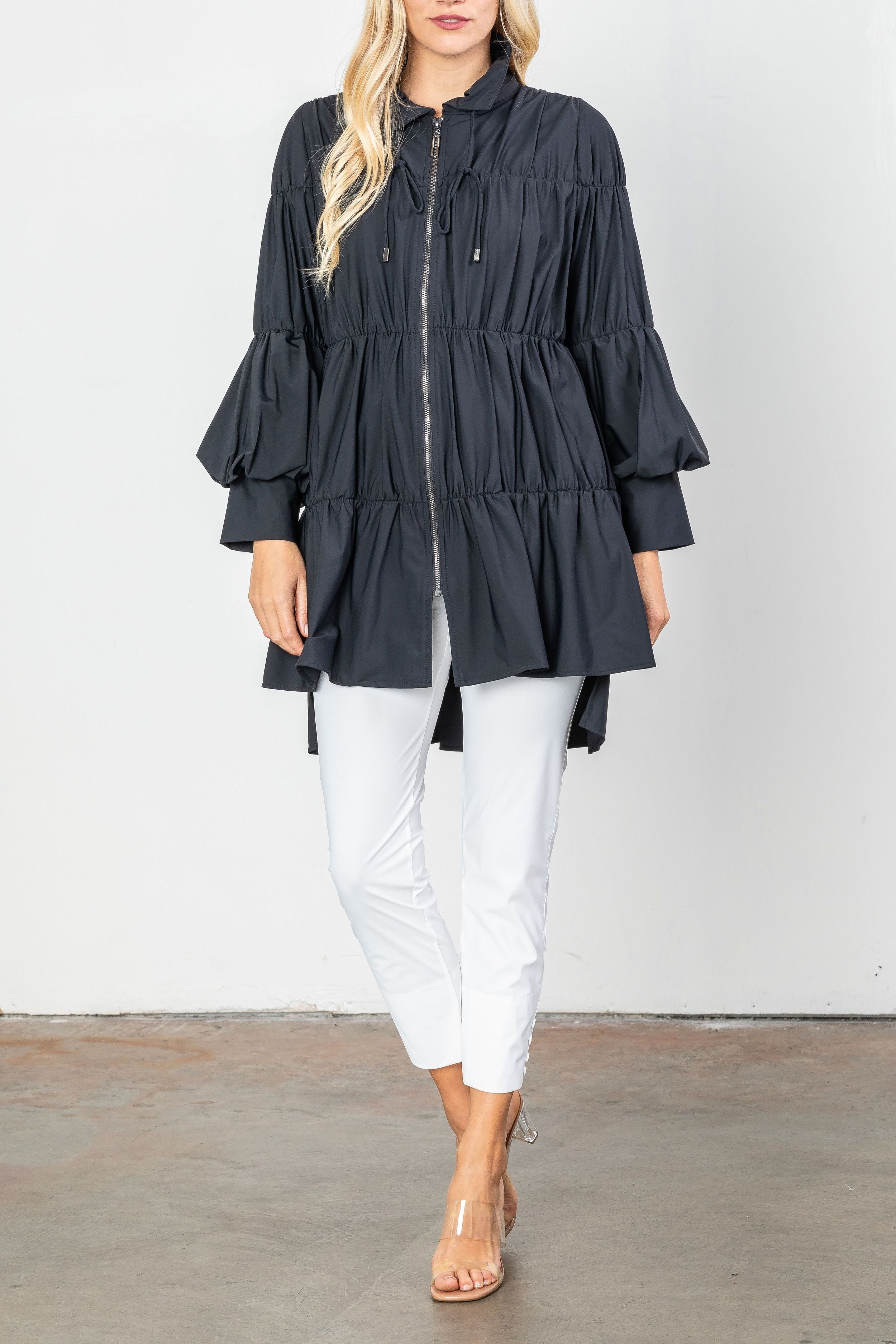 Black Shirring Blouson Sleeve Shirring Jacket – IC Collection