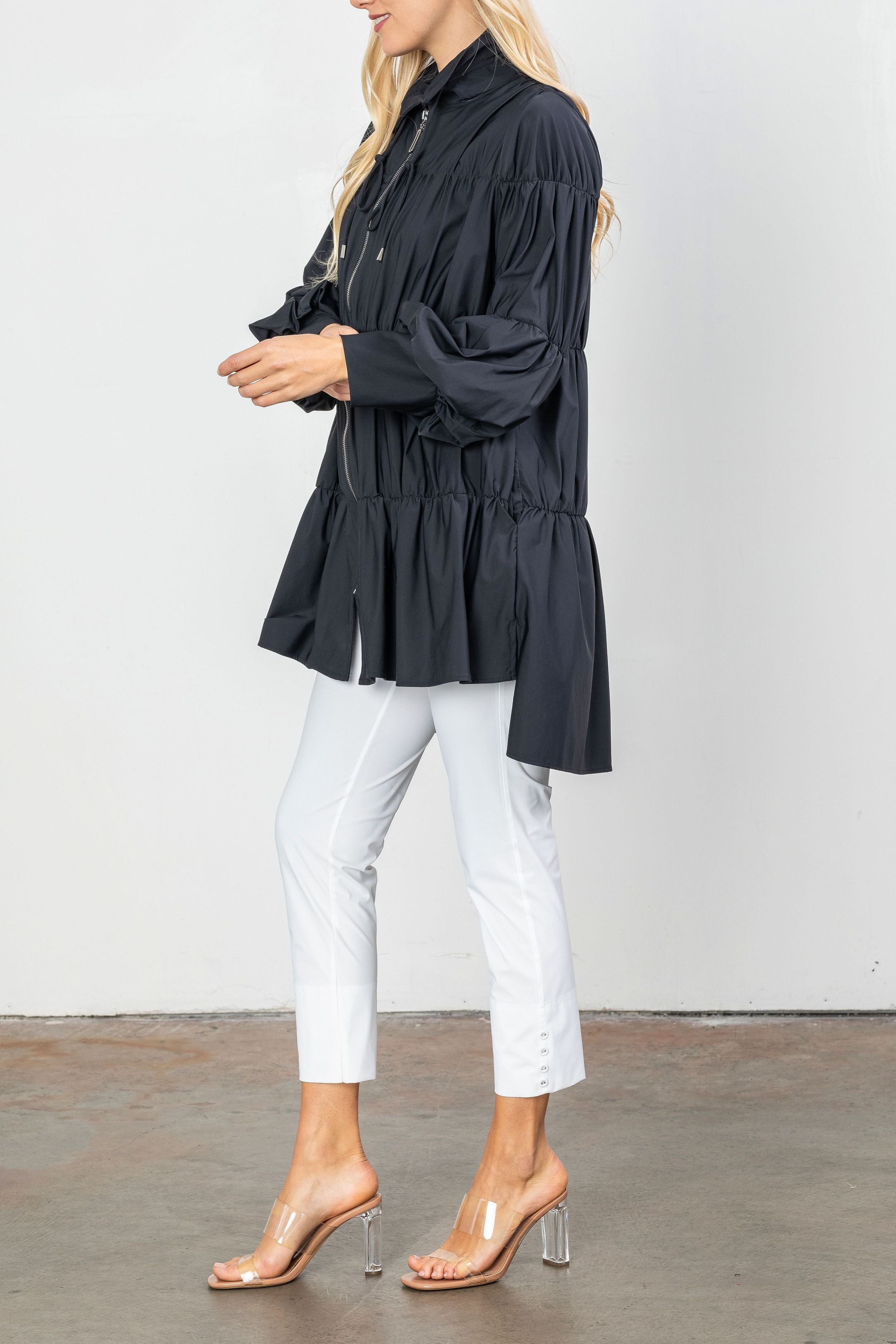 Black Shirring Blouson Sleeve Shirring Jacket – IC Collection