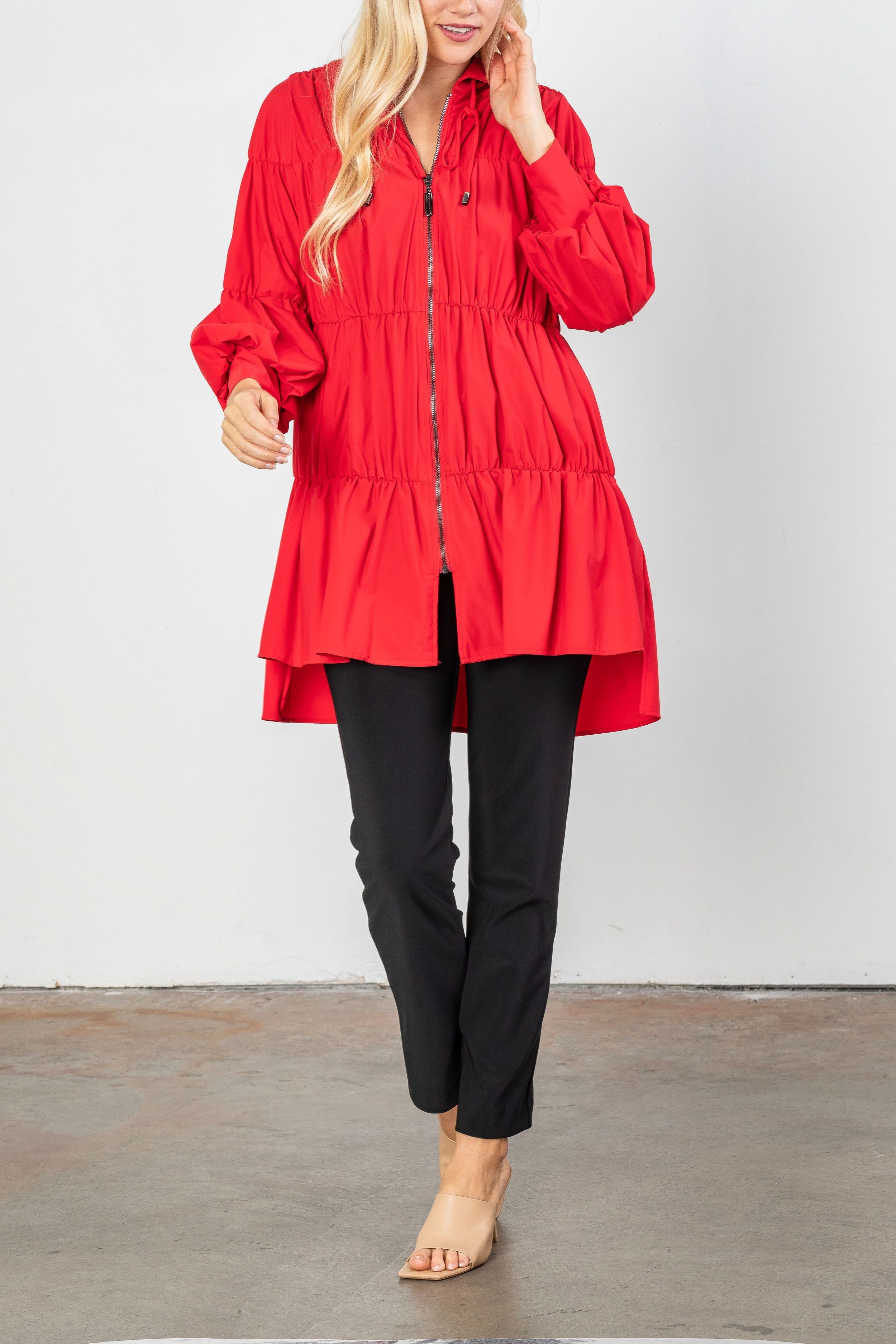 Red Plus Size Shirring Blouson Sleeve Shirring Jacket