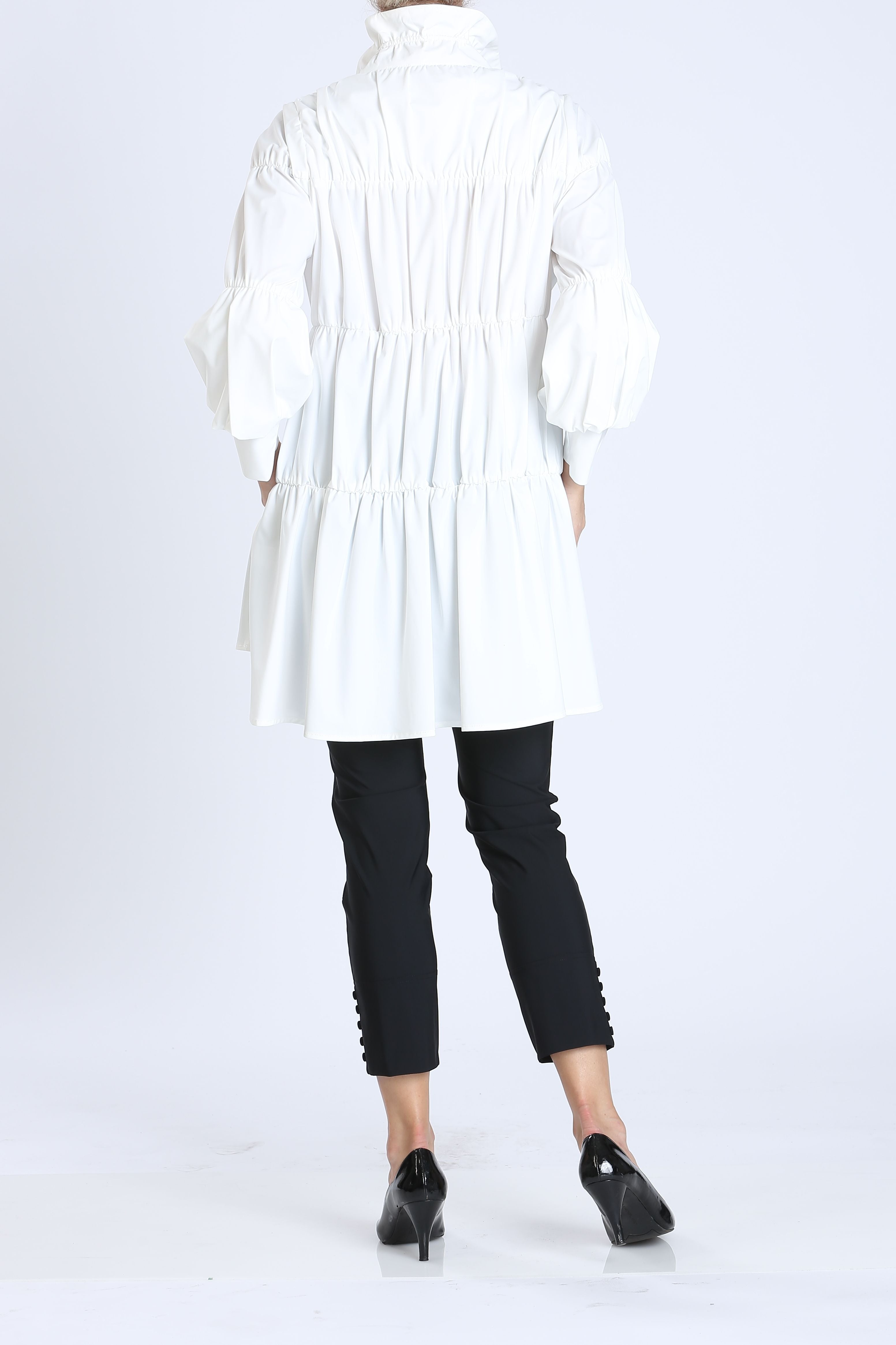 White Plus Size Shirring Blouson Sleeve Shirring Jacket